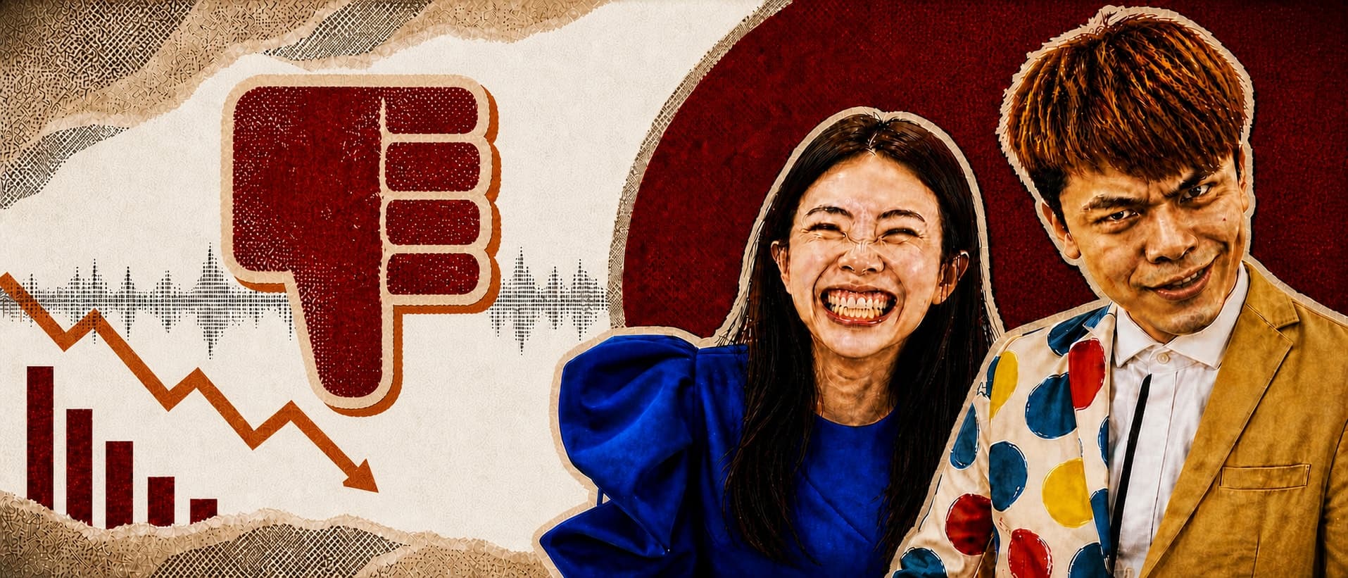 蔡阿嘎與二伯同框的暖色編輯式 AI 示意插畫,背景為影片介面、下降趨勢與公眾回饋數據圖表